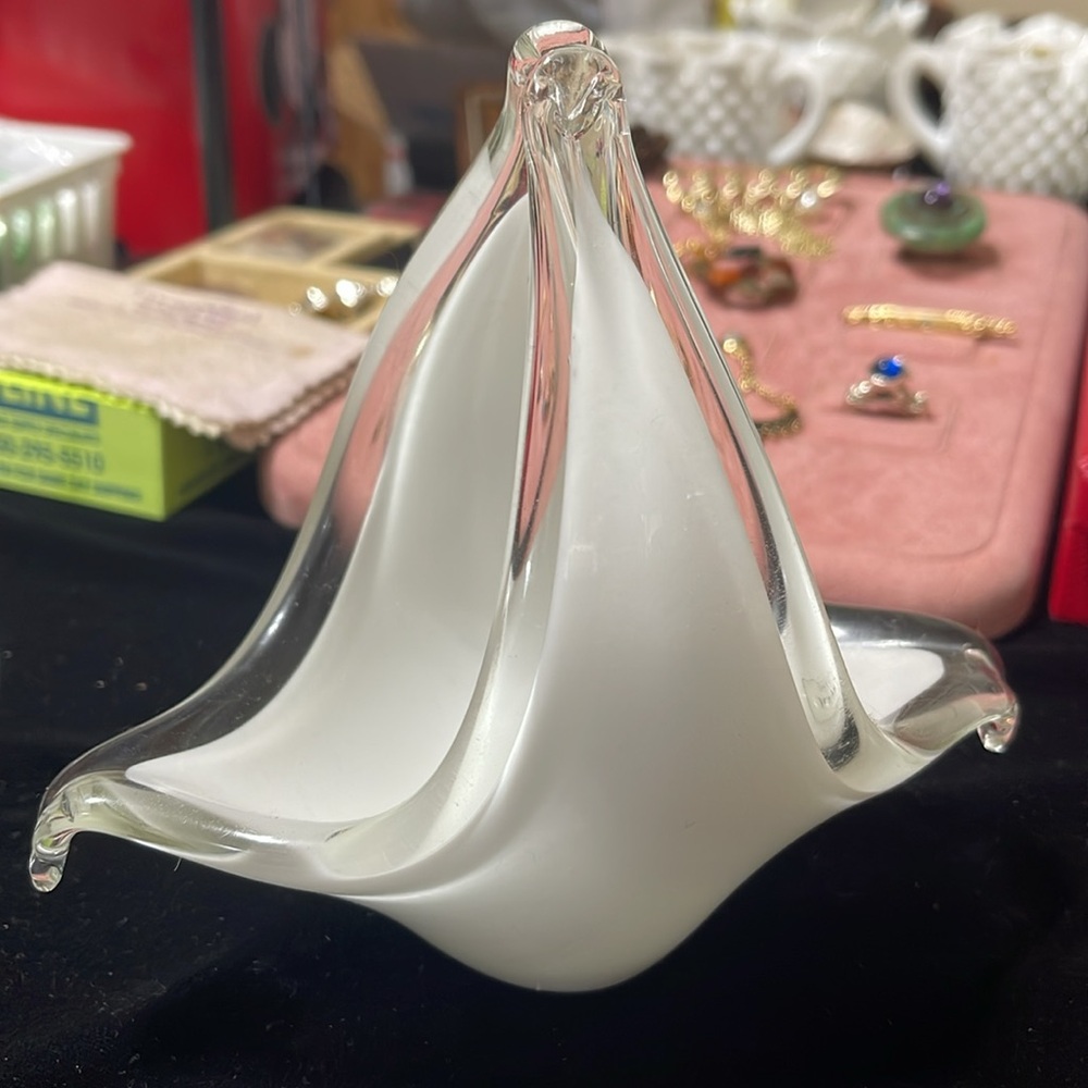 H/P 6/6 🎉Vtg Italian MURANO Milky & Clear Glass Candy Dish, AMAZING!